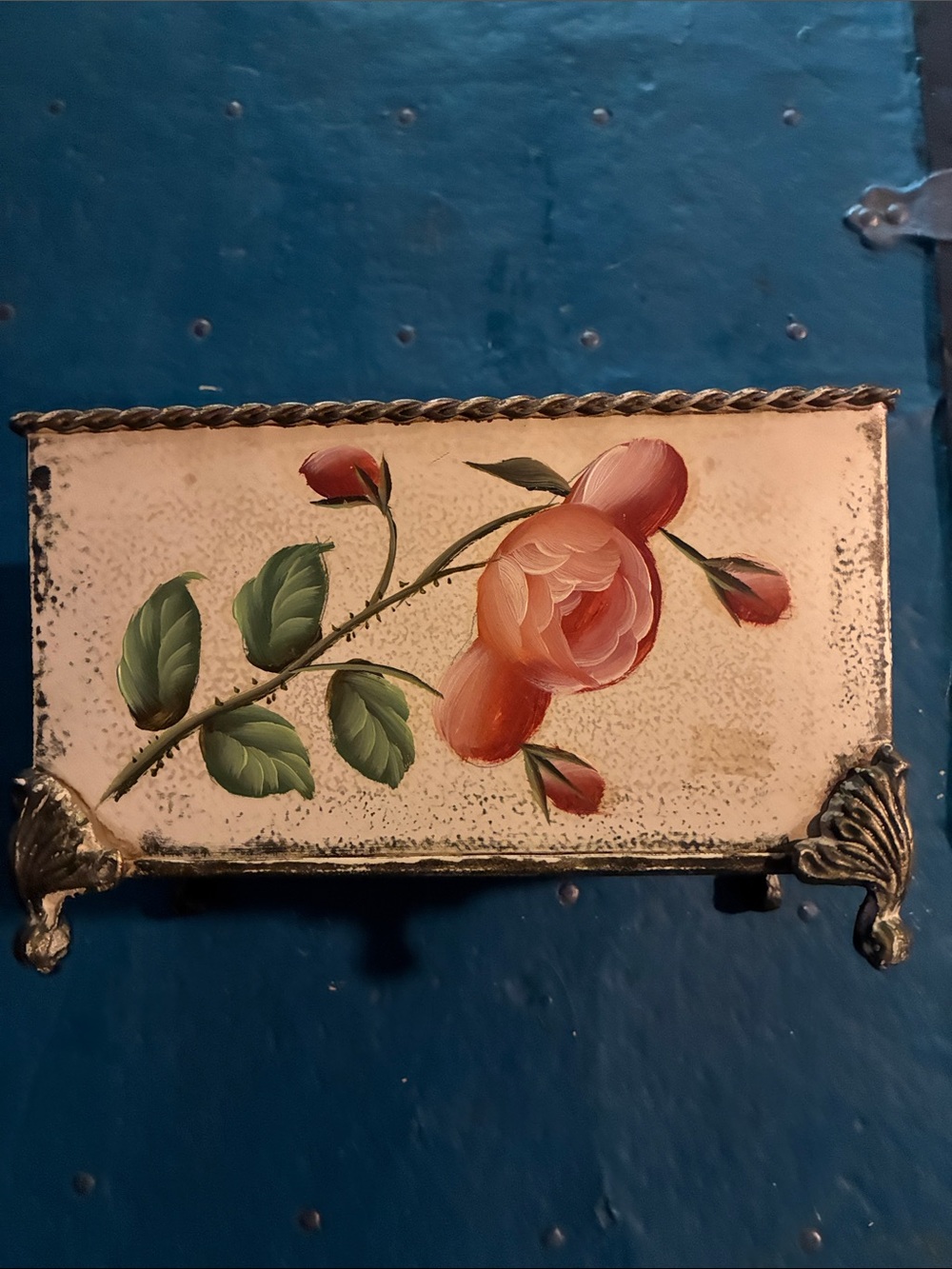 Ornate Storage Metal Container w/Roses & Brass Colored Feet